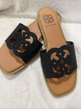 Daisy Fuentes Black Laser-Cut Slide Sandals with Tan Footbed